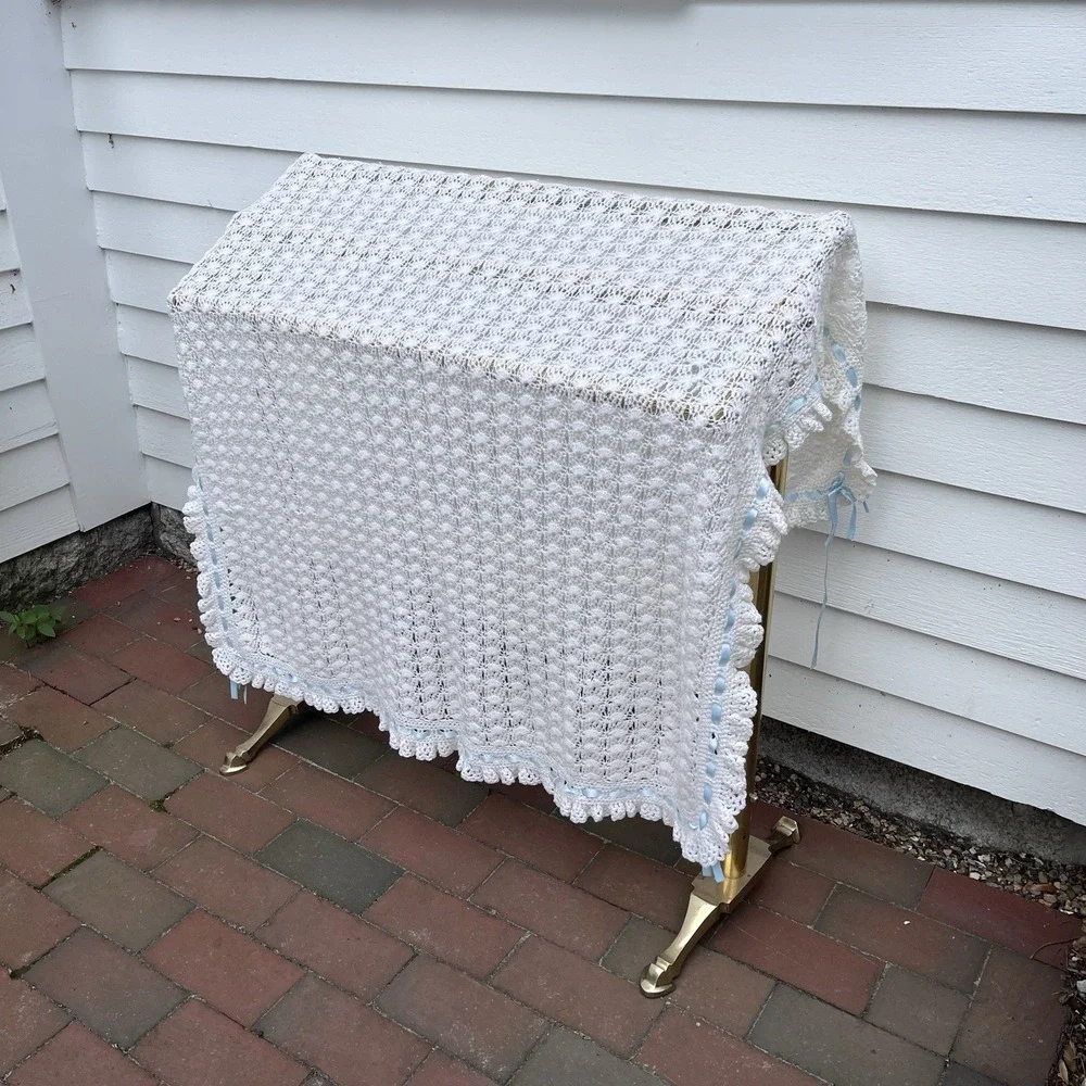 Baby Crochet White Beautiful Blanket With Blue Satin Ribbon Trim, Unused 42
